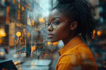 Confident businesswoman analyzing digital data with futuristic interface