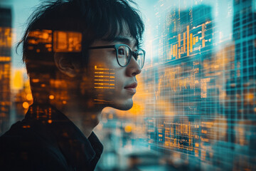 Double exposure of Asian businessman with financial data overlay