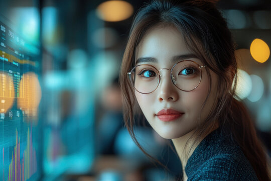 Confident Asian woman analyzing data on computer screen