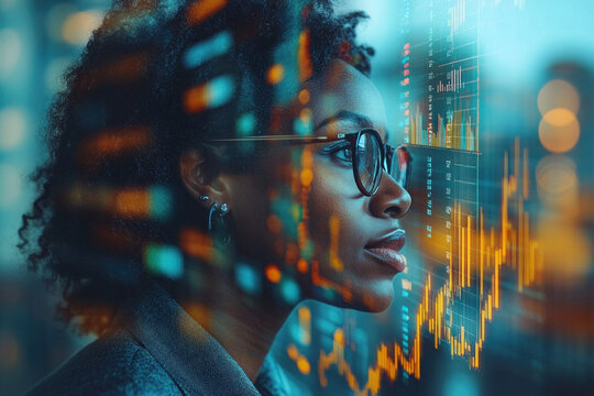 African American woman analyzing digital financial data overlay