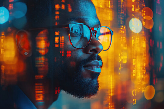 Double exposure of thoughtful African American businessman with data overlay