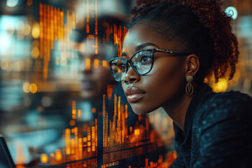 Contemplative African American woman in tech-focused setting with data overlay