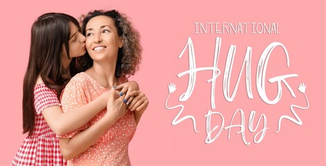 Mature woman and her teenage daughter on pink background. International Hug Day