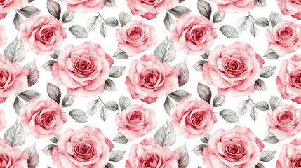 Seamless pattern of delicate watercolor pink rose flowers ideal for textile design and home decor