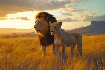 Fototapeta premium lion and lioness hunter predator in African savanna, representing wildlife of wild animals in the nature and safari landscape with sunset in Africa
