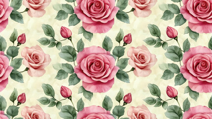 Seamless watercolor pattern featuring beautiful roses and buds perfect for fabric design and home decor