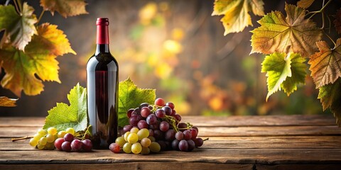 Fototapeta premium A wine bottle sitting on a wooden table with a few grapes and leaves surrounding it, red wine, barrel aging, fermentation tank, cellar door