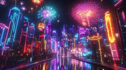 Neon skyline with fireworks, vibrant nocturnal cityscape.