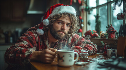 A cozy atmosphere fills the kitchen as a man in a Santa hat savors a steaming drink amidst holiday decorations and a wintry backdrop