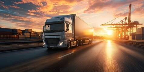 Classic semi-truck cruising on rural highway at sunset, golden sunlight, freight transport, commercial vehicle, long-distance haul, travel, logistics.