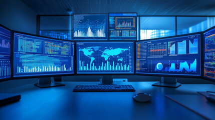 Naklejka premium Virtual workspace with multiple screens displaying data analysis tools, market trends, and growth metrics in a modern business environment-4