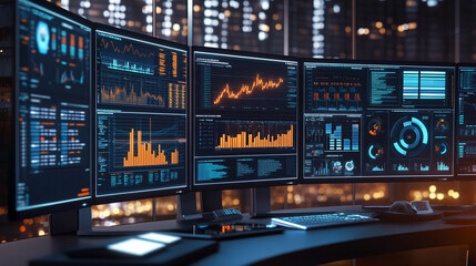 Virtual workspace with multiple screens displaying data analysis tools, market trends, and growth metrics in a modern business environment-3