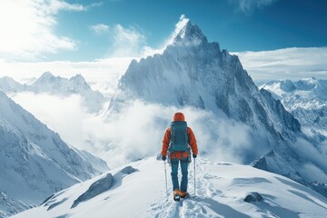 A hiker explores a snowy mountain range under bright skies in winter