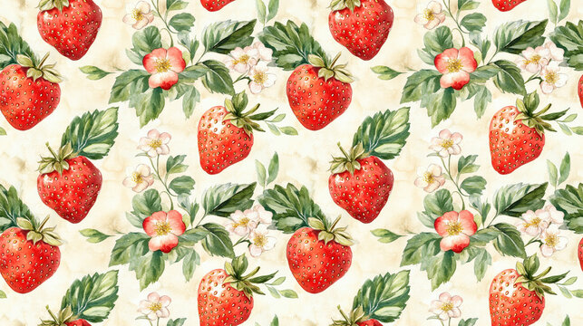 Seamless watercolor pattern featuring vibrant fresh strawberries delicate leaves and blooming flowers ideal for fabric design and stationery