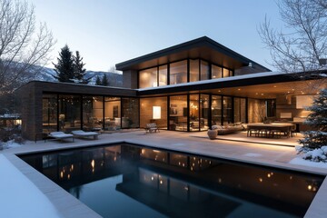 Fototapeta premium An elegant contemporary home featuring a luxurious pool and a breathtaking winter scenery, with expansive glass walls and finely crafted modern interiors.
