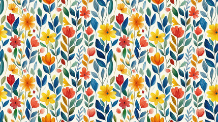Fototapeta premium Colorful floral pattern featuring vibrant leaves and flowers illustrated in watercolor perfect for textiles and design projects