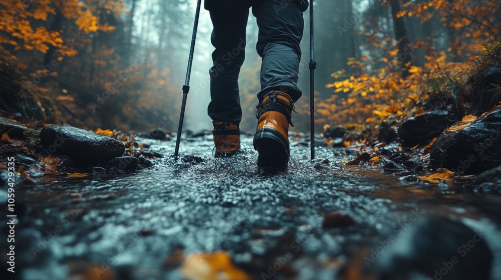 Poster a person treks through a gentle stream, with water splashing around their boots. the lush forest dis