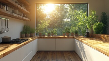 Modern kitchen interior with large window, wooden countertops and shelves, and a view of a lush green garden outside.  Sunlight streams through the window, creating a warm and inviting atmosphere.