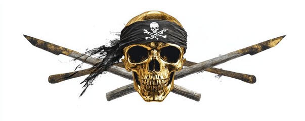 Golden pirate skull with crossed swords and black bandana