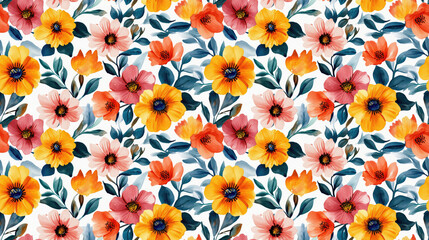 Watercolor floral pattern featuring vibrant summer flowers perfect for romantic wedding backgrounds and botanical designs