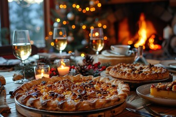 Fototapeta premium A table with a Christmas tree and a fire in the background