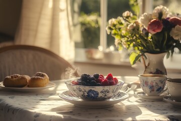 Enjoy a cozy breakfast with berries in a beautiful bowl. Fresh flowers add charm to the scene. Perfect for food lovers and morning rituals. Generative AI