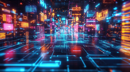 Obraz premium Bright navigation paths linking storefronts on a futuristic digital map-2