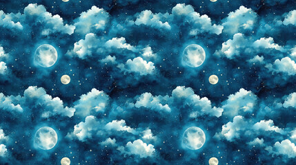 Fototapeta premium Seamless abstract watercolor pattern featuring a full moon illuminating a blue sky adorned with white clouds and scattered stars