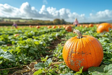 A pumpkin is sitting in a field of pumpkins
