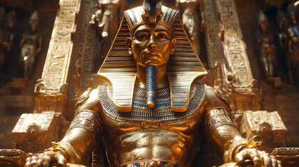 Obraz premium Majestic golden pharaoh statue sitting on throne in ancient temple