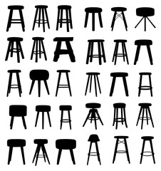 Stool bench set silhouette. Black silhouette outline of a stool or bench collection. Isolated transparent background PNG. MEGA PACK