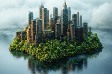 Naklejka premium A lush island cityscape rises from calm waters under a cloudy sky in a futuristic setting