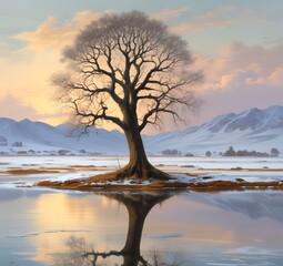 Illustration of lonely tree with winter landscape.