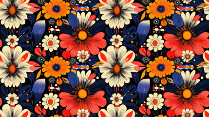 Seamless multicolor African kaleidoscope design featuring bold floral elements ideal for trendy swimwear and modern art applications