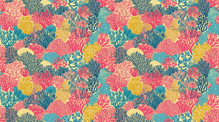 Vibrant hand drawn coral reef pattern featuring bright red yellow blue green pink turquoise and brown corals perfect for fabric designs or ocean themed decor