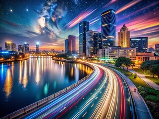 Obraz premium Stunning Long Exposure Nightscape of a City Skyline with Light Trails and Starry Sky, Capturing Urban Energy and Natural Beauty in a Harmonious Blend of Motion and Stillness