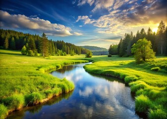 Obraz premium Stunning Long Exposure of a Serene Summer Landscape with a Small River, Lush Green Meadow, and Forest Under a Clear Sky in Bright Warm Colors
