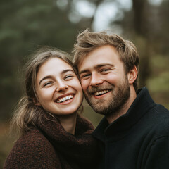Fototapeta premium Smiling young couple outdoors, embracing and radiating happiness. Their joyful expressions show warmth and affection amidst a soft, natural background.