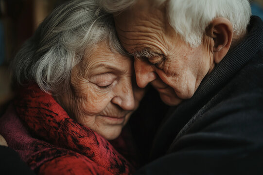 Tender moment of an elderly couple embracing, highlighting love, companionship, and the warmth of lifelong commitment. Their faces show deep emotion and care for each other.