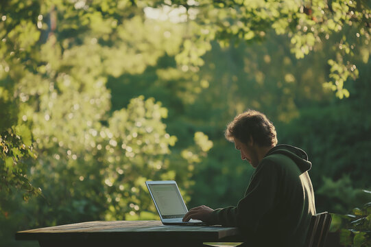 Young man in a park sitting with a laptop, working intently in a natural setting with lush green surroundings. Concept of remote work and connection with nature.