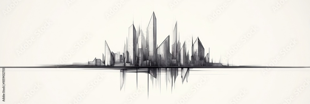 Poster a minimalist drawing captures a futuristic skyline with sharp geometric shapes and clear lines, depi
