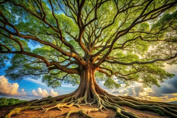 Obraz premium Ancient tree with gnarled roots and branches stretching towards the sky, trunk, foliage