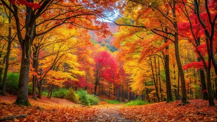 Autumn forest scene with vibrant fall leaves changing colors, yellow, foliage, autumn leaves, harvest