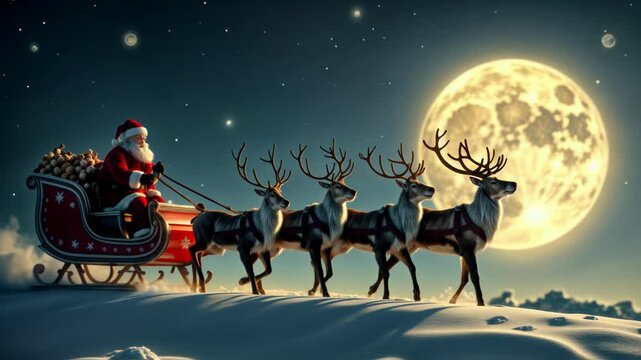 Santa Claus flies in a sleigh full of gifts, pulled by reindeer against the backdrop of a full moon on Christmas night.
