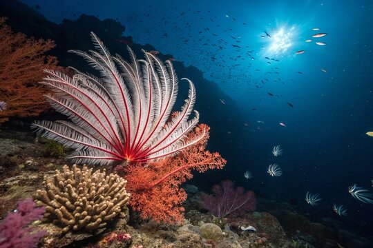 Stunning Night Photography of Red and White Feather Star in Underwater Paradise of Lipe Island, Thailand