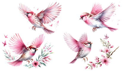 Obraz premium Watercolor Pink Birds with Flowers.