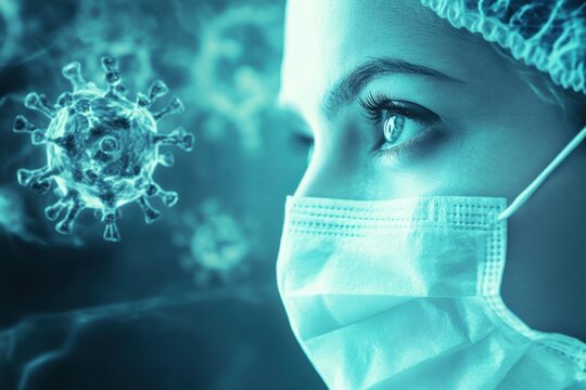 Health worker in protective gear focuses on microscopic virus illustration during pandemic