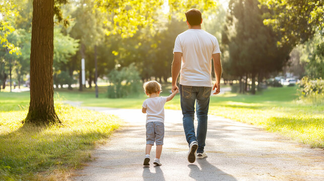 Father and child holding hands while walking in a sunny park, representing family bonding and quality time outdoors. Bright green nature surrounds them.