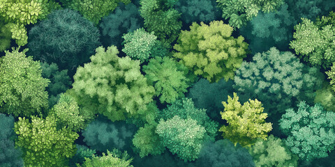 Naklejka premium A vibrant overhead view of a lush green forest filled with various tree species. The dense foliage creates a natural tapestry of greens in different shades, symbolizing growth and life.