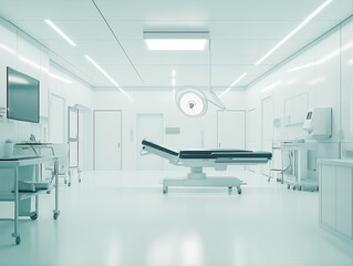 An empty, pristine operating room with advanced medical equipment, bright lighting, and a sterile environment, ready for medical procedures or healthcare operations.